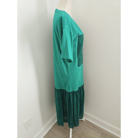 Johnny Was Vintage 90 Cotton Green Sun Embroidery Midi Drop Waist Dress S Petite - Picture 5 of 10